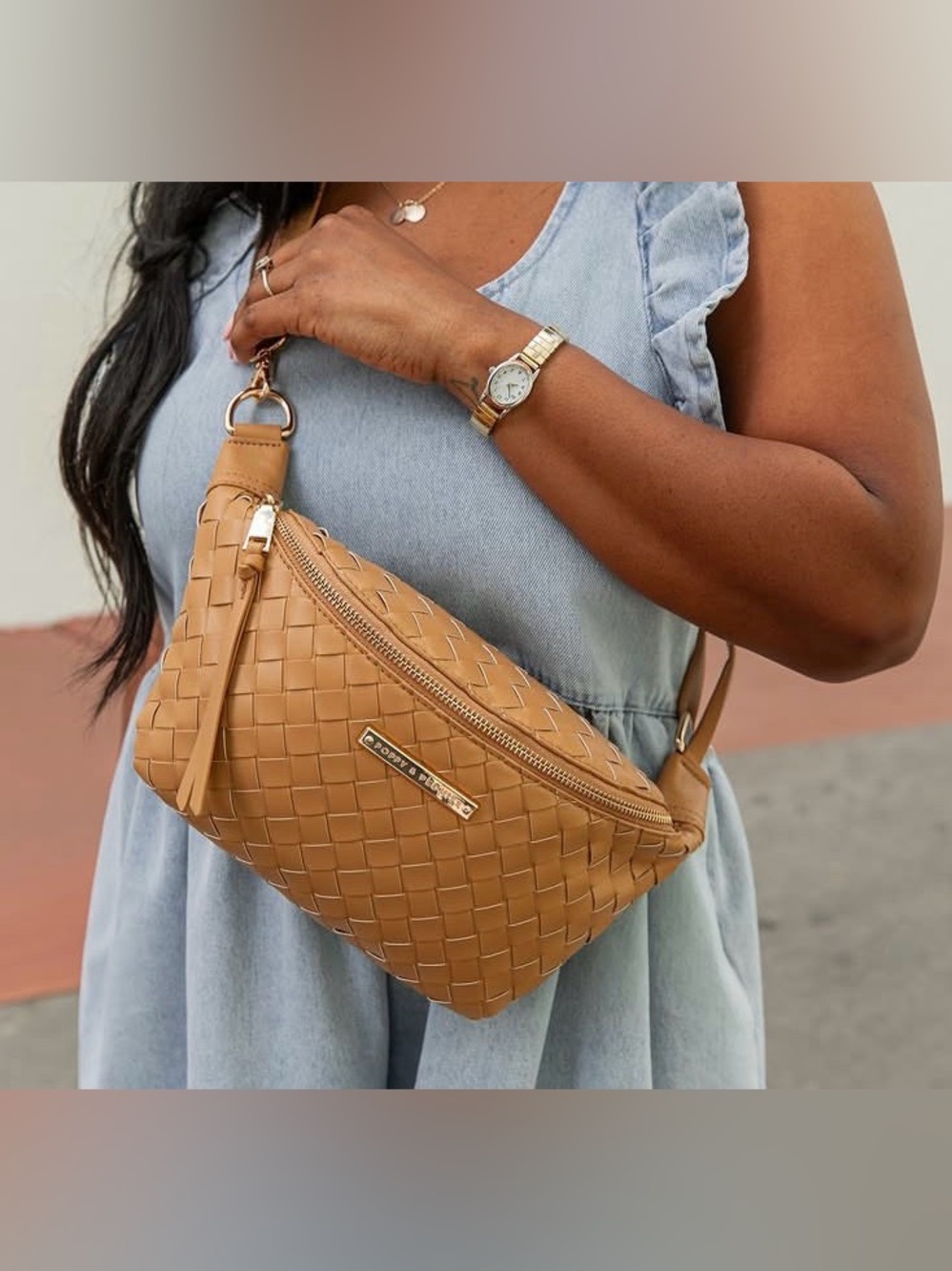 Poppy & Peonies Woven Sidekick Camel Leather Crossbody Belt Bag